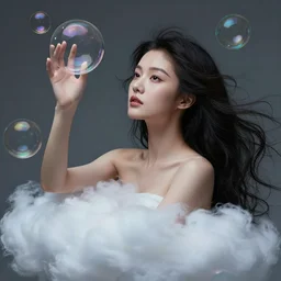photo of a gorgeous young asian girl , searching for eternity, cloud goddess, duality, far away dreams in bubbles in the style of stefan kostic, hyper realistic, sharp focus, 8k high definition, high fashion, vogue, insanely detailed, intricate, elegant, art by stanley lau and artgerm
