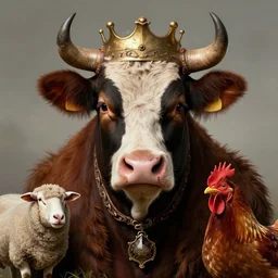 a hyper detailed full face portrait of joaquin phoenix as the king of animals, cow, pig, sheep, chicken, horror