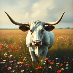 full portrait painting of a single long horn cow in a field of flowers, by anders zorn, rule of thirds, golden triangle, masterpiece by greg rutkowski, intricate, elegant, highly detailed, oil painting, concept art, smooth, sharp focus, illustration, beautiful cinematic, thomas lawrence, gurney,
