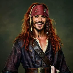 portrait painting of a 3 0 years old rugged masculine muscular male joyful flirtatious pirate long long hair soft hair flowing hair crimson hair upper body only chest hair long coat elegant rugged handsome unreal render cinematic lighting art 1 9 2 0 period drama by bussiere rutkowski andreas rocha