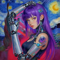A beautiful painting of a cyberpunk girl with purple hair and an a huge robot arm sensual stare, augmentations and cybernetic enhancements neon circuits, Painted by Vincent Van Gogh ❤️‍🔥 🔥 💀 🤖 🚀