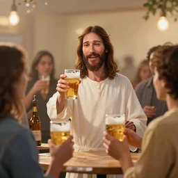 jesus christ having a beer with some people at a party, flash photography, 7 0 s photo, kodachrome, analog film