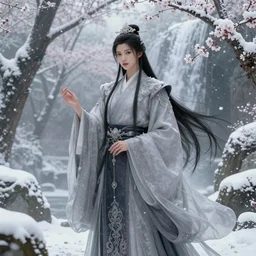 chinese mage, by artgerm, by legend of the cryptids, by fenghua zhong, elegant, winter, snow, cherry blossom forest, waterfall, beautiful, stunning, hd, illustration, fantasy, epic, dungeons and dragons, intricate, elegant, highly detailed, digital painting, artstation, concept art, smooth, sharp focus.