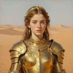 close up of a young dejah thoris on mars wearing detailed plate armor made of gold, portrait, high noon, gold jewelry, elegant small tiara, giant sand dunes to the horizon, fantasy, painterly, oil painting on canvas, by sargent, alphonse mucha, arthur henri