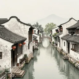 china's jiangnan water town, hui - style architecture, painting by wu, guanzhong