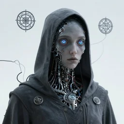eldritch cultist intertwined with technology, robotic eyes, paranoia, wires, occult symbols, cyberpunk, digital art, very detailed, colored, clean lines, artstation