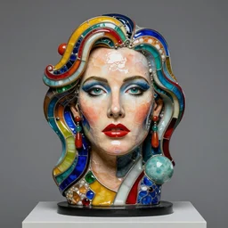 studio photograph of colorful postmodern portrait sculpture of farrah fawcett on charlie's angels, beautiful symmetrical!! face accurate face detailed face realistic proportions, made of stained glass glass beads and silicone on a pedestal by ron mueck and matthew barney and greg rutkowski, hyperrealism cinematic lighting shocking detail 8 k