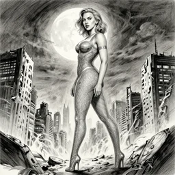 elegant, intricate detail, looking towards camera, scarlett johansson, full body profile, dynamic wide angle lens, manga style, by rey bustos pencil and ink, full moon lighting, fully clothed, in a post apocalyptic city, dramatic lighting, super accurate human anatomy!!!