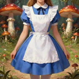 alice in wonderland mushrooms detailed clothing, half body shot, arms down, path traced, highly detailed, high quality, digital painting, alena aenami, arnold bocklin, tom bagshaw