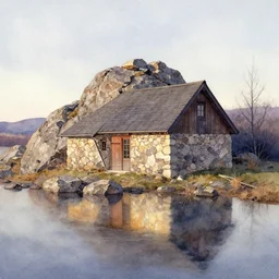 watercolor painting of cabin by rocky hill, reflective, stone walls, winter, sunlight, morning, ambient lighting, art by hans dahl