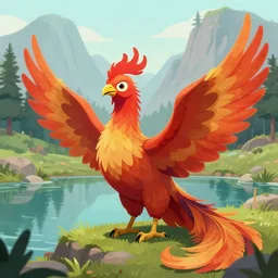 prompt anthropomorphic phoenix, sitting at a pond, mountainous area, trees in the background, digital art