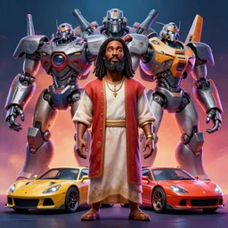 stylish caricature 3 d vfx drew struzan movie poster art of an african jesus surrounded by giant mecha & sports cars, art style by james jean & hsiao ron cheng, unreal engine render, digital illustration, sharp, intricate detail, volumetric lighting, ray tracing, soft light, neon, claymation style, ernie barnes style, symmetry, acrylic on canvas, pinterest, artstation