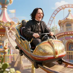 a stunning 3 d render portrait of a smiling and laughing severus snape riding a roller coaster at a carnival and having a great time, bright sunny day, intricate, elegant, highly detailed, digital painting, artstation, sharp focus, octane render, volumetric lighting, art by rebecca guay and arthur rackham and alphonse mucha and john william waterhouse, pixv