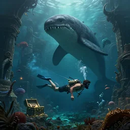 A diver is under the sea, he has a treasure with him, he is swimming away from the giant Nessie that is behind hunting him, this is an extravagant planet with wacky wildlife and some mythical animals, the background is full of ancient ruins, the ambient is dark with a terrifying atmosphere, by Jordan Grimmer digital art, trending on Artstation,