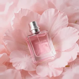 pink perfume lying in a fluffy pink pale flower bed, softly - lit, soft - warm, zen, light, modern minimalist f 2 0 clean