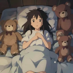 topdown digital advanced anime art, girl laying in bed surrounded by teddybears at night, in the style of Makoto Shinkai —h 640 —w 480