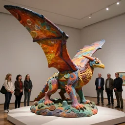 stunning colorful intriguing polished painted massive clay sculpture of a mythic pterodactyl animal by beth cavener in a museum. painted color fading fradient. with help of ellen jewett, beth cavener, sayaka ganz, edouard martinet, john o'reilly and judith klausner
