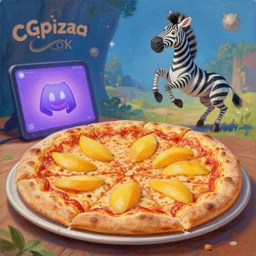 a painting of a slice of pizza by a real good artist, trending in Japan, CGpizzas.com, eating mango slices, loses sleep over a Discord bot and don't forget to type epic, 4k, 4d, 4ever, an illustration of a zebra dancing, Greg Hildebrant, fantasy music, unreality, latent space