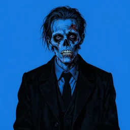 zombie jack black, in the style of beksinski, blue, black, vibrant, chiaroscuro, high detail, perfect artwork, clean lines