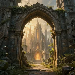 overgrown ruined stone archway into a magical city, beautiful, intricate, detailed, golden light, photograph, 8 k