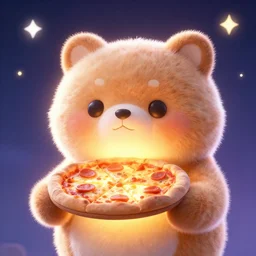 a very very cute stuffed animal holding a glowing pizza in it's hands, backlight, 3 d render, octane render, magical lighting, stars in the night sky, digital art, artstation, highly detailed still from pizza holder by pixar and dreamworks