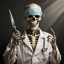menacing skeleton with a doctors coat and doctors mask on with a scalpel in one hand tattoo