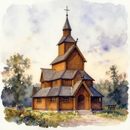 small centered on watercolor paper, paint brush strokes, abstract watercolor painting of traditional scandinavian wooden church, medieval chapel at dawn, cinematic light, national romanticism by hans dahl, by jesper ejsing, by anders zorn, by greg rutkowski, by greg manchess, by tyler edlin