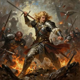 a beautiful prince Lucius warrior with long curly blond hair brutally destroys his enemies on the battlefield, wrath flame and ruin, oil painting, trending on artstation