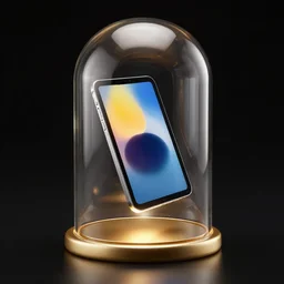 smart tablet floating inside glass dome on a gold base. the tablet is glowing. black background, amazing and beautiful.