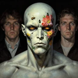 mutant man with a disturbing face flowers and insects by by bernie wrightson and killian eng and joe fenton, dutch golden age dramatic lighting chiaroscuro modern, xf iq 4, 1 5 0 mp, 5 0 mm, f 1. 4, iso 2 0 0, 1 / 1 6 0 s, natural light, adobe photoshop