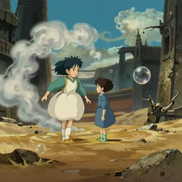 realistic interior shot from howl's moving castle ( 2 0 0 4 ) of swirling clouds in a flooded ancient desert atlantis, a bubble is nearby. cartoon, depth of field.