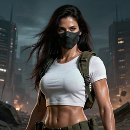 epic portrait cinematic an female survivor wearing a white t shirt and a soldier vest, mask, long flowing dark hair, shiny skin, muscular, beautiful, apocalyptic city backround, fine details. night setting. realistic shaded lighting poster by craig mullism, artgerm, jeremy lipkin and michael garmash, unreal engine, radiant light, detailed and intricate environment, digital art, trending on art station,