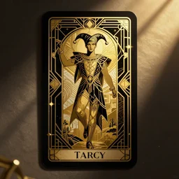 an illustrated tarot card, the fool, art deco, gold on black, very beautiful
