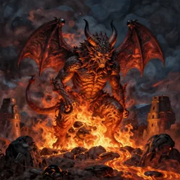 Hell,fire,lava,demons, painted by Thomas Kinkade,