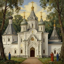 slavic monastery in the woods, intricate details, holy, by vasnetsov and aivazovsky