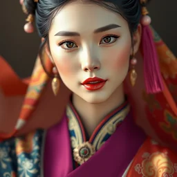 close up portrait shot of a beautiful chinese princess wearing flowing colourful clothes, highly detailed face, detailed eyes, alphonse mucha, rhads, ross tran, artstation, artgerm, octane render, 1 6 k