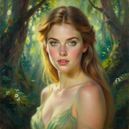 Head and shoulders masterpiece portrait of the beautiful goddess Lana Rhoades as dryad, she has those characteristic sparkling green eyes, she is looking straight to the camera, she has a glow coming from her, she is getting illuminated for rays of light, behind is an ancient forest full of life, she is posing, the photo was taking by Annie Leibovitz, matte painting, oil painting, naturalism, 4k, 8k