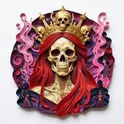 paper quilling of the geometric goddess of death, skull crown carved from gold marble, draped in red nightmares, smoke + people + neon pink + psychedelic swirls