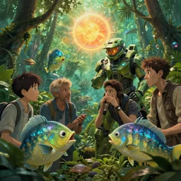 studio ghibli, comic of fish having a talk, jungle, solar, green technology, optimist future by asher durand. intricate artwork by tooth wu and wlop and beeple and dan mumford and greg rutkowski and nekroxiii. halo. octane render, cinematic, hyper realism, octane render, 8 k, depth of field, bokeh. iridescent accents. vibrant