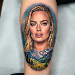mash up tattoo design of margot robbie with beautiful mountain scenery, in the style of arlo dicristina, hyper realism, amazing detail, sharp