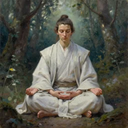 A Jedi meditating in the forest, oil painting