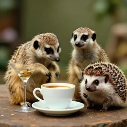 meerkat drinking coffee, hedgehog drinking martini, cinematic, kodachrome