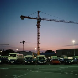 cranes tower over the rvs as they sit in the parking lot at night. no sign of life boards of canada album art, film, soft lighting, nostalgia
