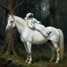 an astronaut resting, a white horse tied to a tree, forest, a detailed matte painting by frieke janssens, featured on cgsociety, fantasy art, matte painting, reimagined by industrial light and magic, matte drawing
