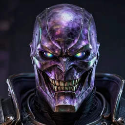 face of an armored villian, ultron, sauron, evil dark, mask, joker smile, iridescent eyes, purple and green highlights, metal, knight