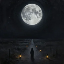 To every living being, and every living soul. Now cometh the age of the stars. A thousand year voyage under the wisdom of the Moon. Here begins the chill night that encompasses all, reaching the great beyond. Into fear, doubt, and loneliness... As the path stretches into darkness. Oil painting, clear, detailed oil, trending on artstation, fantasy, monochromatic colour palette, dark colours, in the style of Alena Aenami, 4k, digital, dark aesthetic, lantern party