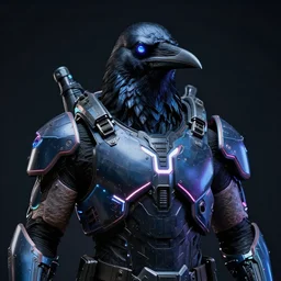 tactical neon exoskeleton armor, realistic anthropomorphic raven visible face, neon eyesight, science fiction, dark, portrait by donato giancola and greg rutkowski and wayne barlow, realistic face