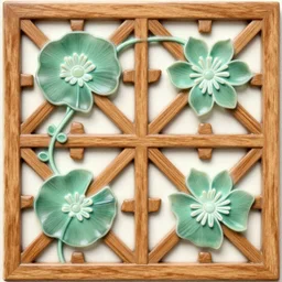 a neon waterlilies and vines on wooden lattice design as a fancy square tile