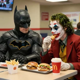 movie scene of batman and joker eating breakfast in macdonald, dark knight ( 2 0 0 8 )