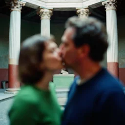 ( ( out of focus ) ), head to shoulders kiss, photography by saul leiter and ernst haas in a decorated pompeii peristylium, tea green, airforce blue, red